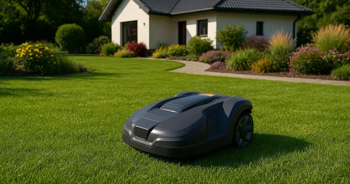 Robotas žoliapjovė pjauna veją prie namo sode