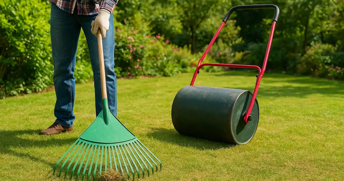 Vejos grėblys ir volas, naudojami sodo žolės priežiūrai