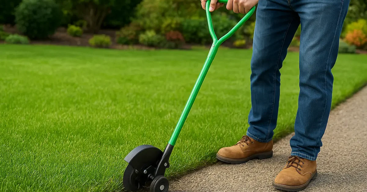 Sodininkas pjauna vejos kraštus specialiu įrankiu, tvarkingai atskirdamas veją nuo takelio