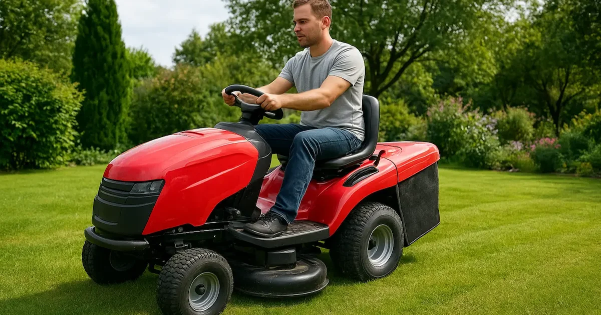 Vejos traktoriukas pjaunantis didelį sodo vejos plotą