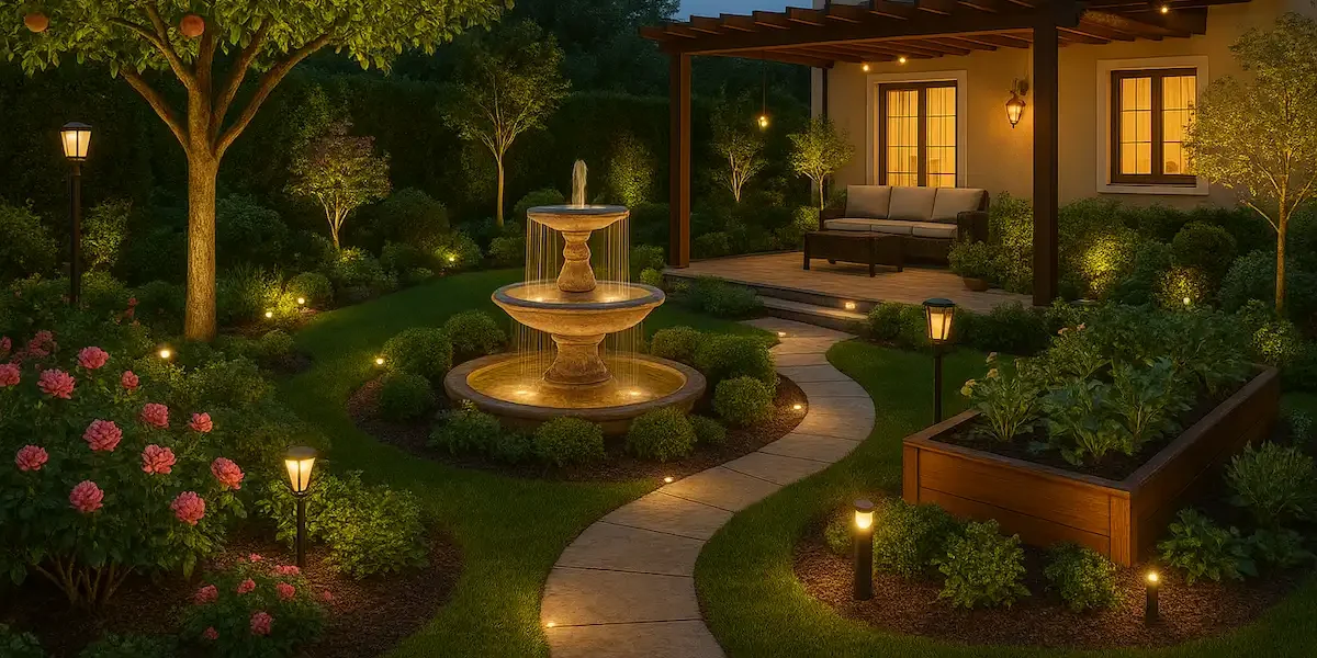 Sodo apšvietimas su moderniais takelių, terasos, vaismedžių, gėlynų, fontano LED šviestuvais