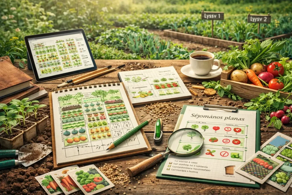 Daržo planavimo įrankiai tarp tvarkingai suplanuotų lysvių