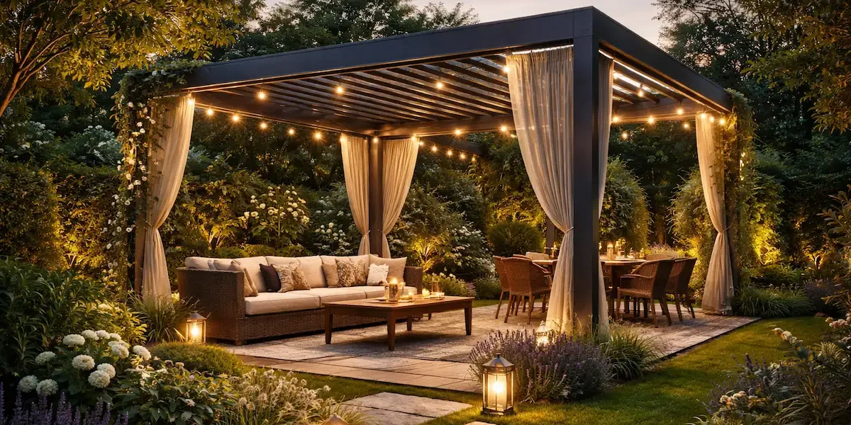 Moderni pergola sode su apšvietimu, augalais ir jaukia poilsio zona terasoje