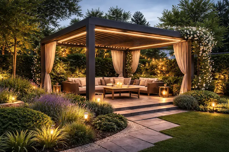 Pergolos derinimas sode su augalais ir aplinka