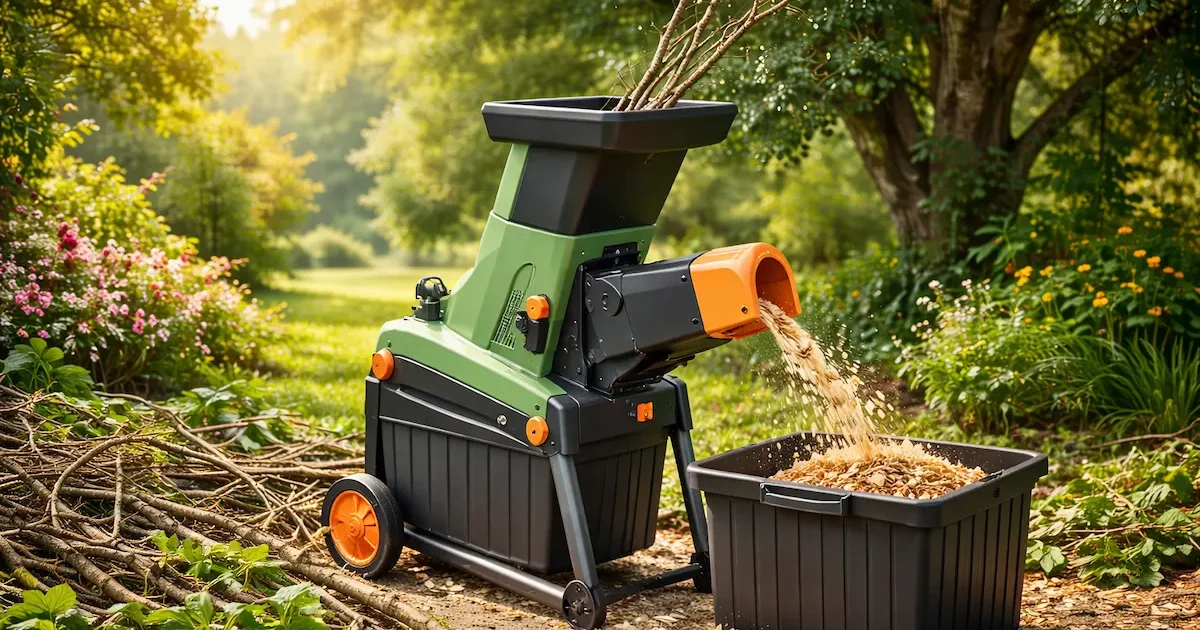 Šakų smulkintuvas žalioje sodo aplinkoje – efektyvus būdas susitvarkyti su medienos atliekomis