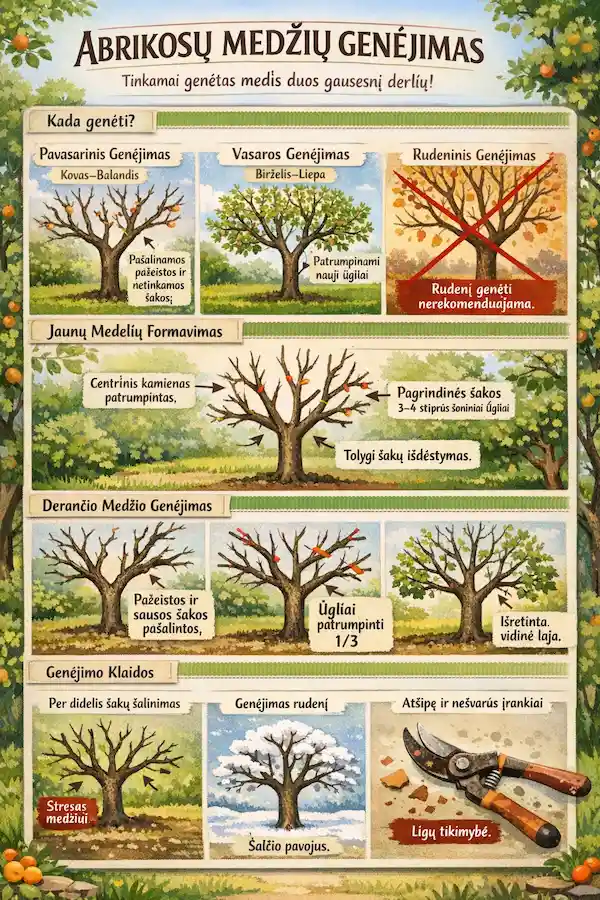 Infografikas apie abrikosų medžių genėjimą: pavasarinis ir vasaros genėjimas, jaunų medelių formavimas, derančių medžių priežiūra ir dažniausios genėjimo klaidos
