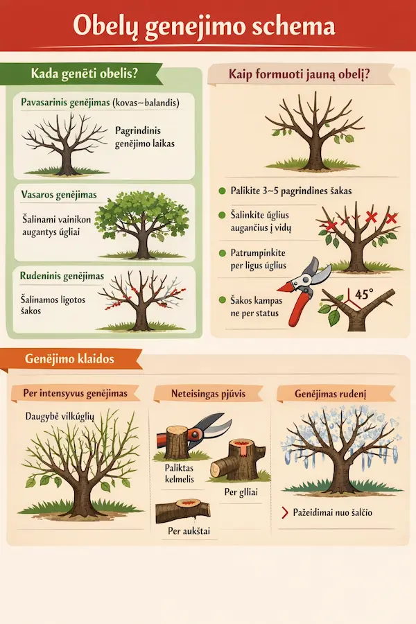 Infografikas apie obelų genėjimą: kada genėti, kaip formuoti jauną obelį, derančio medžio priežiūra ir dažniausios genėjimo klaidos