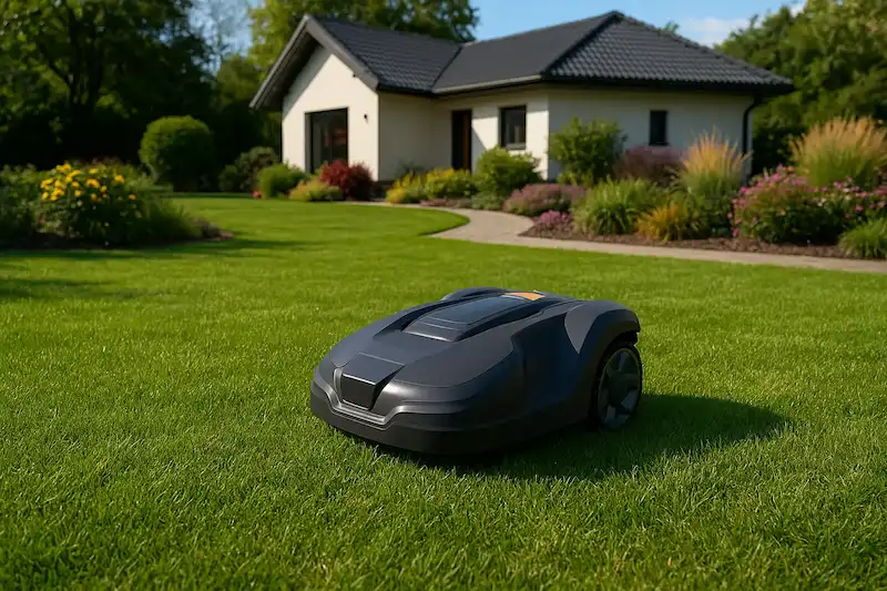 Robotas vejapjovė pjauna veją prie modernaus namo