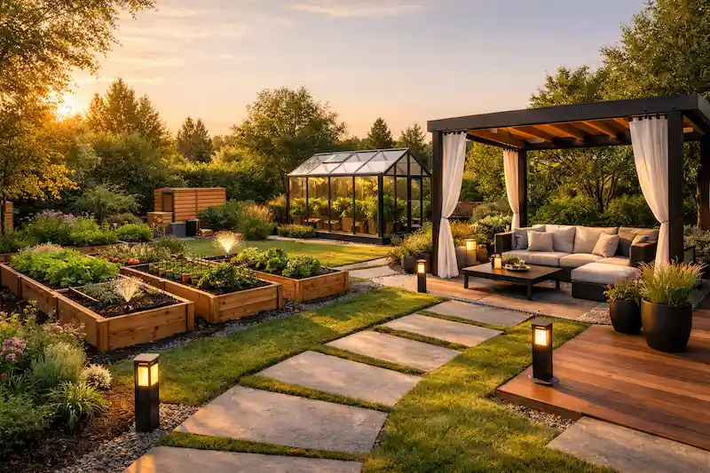 Modernus sodas su pakeltomis lysvėmis, pergola, šiltnamiu ir laistymo sistema