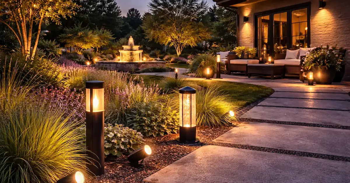 Sodo apšvietimas su moderniais takelių, terasos, vaismedžių, gėlynų, fontano LED šviestuvais