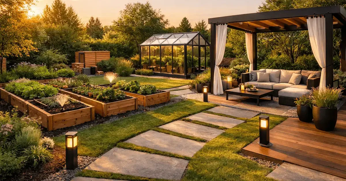 Sodo įrangos pavyzdys: šiltnamis, pakeltos lysvės, laistymo sistema, sodo takeliai, terasa, apšvietimas ir pavėsinė su baldais