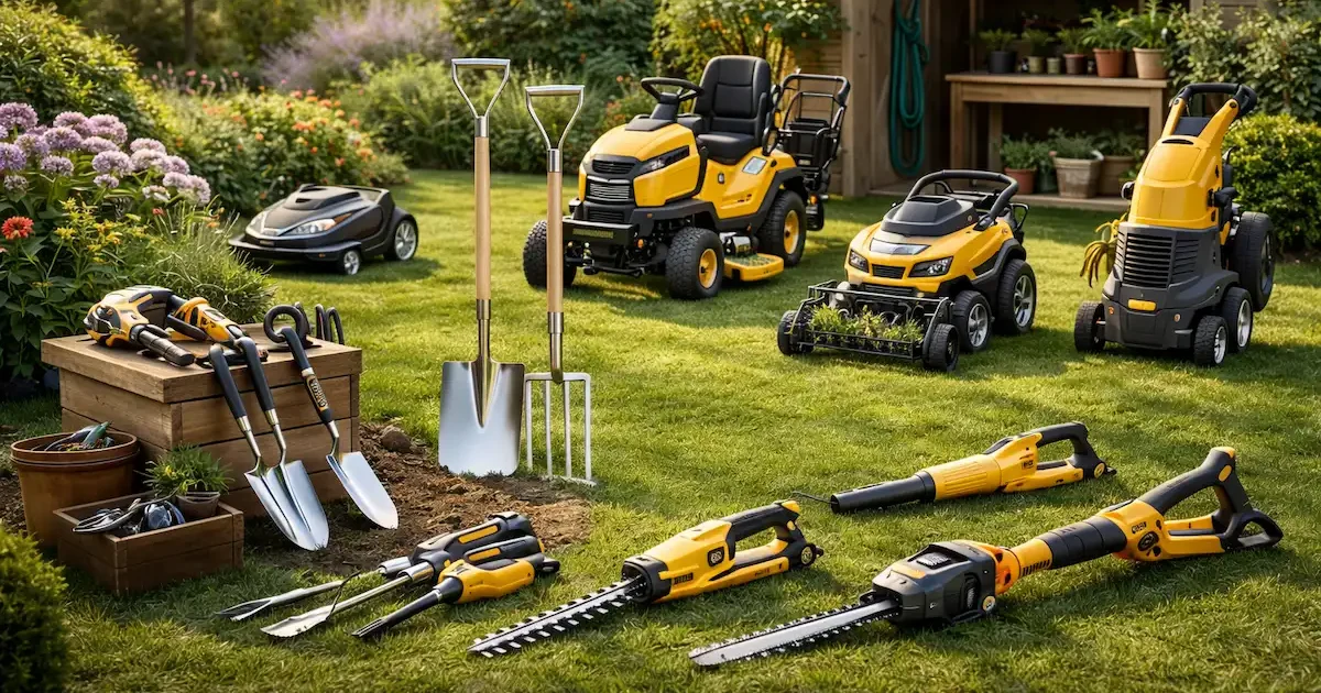 Sodo įrankiai ir vejos technika sode – robotas žoliapjovė, vejos traktoriukas, žoliapjovė, šakų smulkintuvas ir rankiniai įrankiai