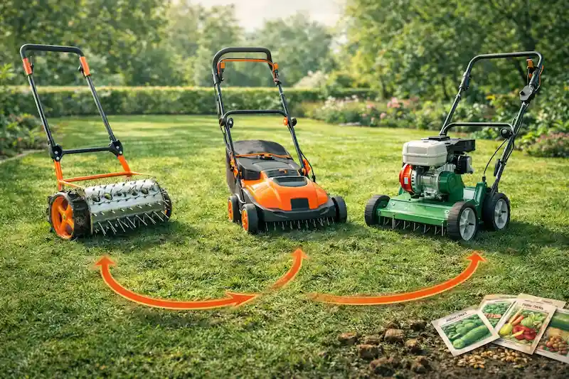 Mechaninis, elektrinis ir benzininis vejos aeratorius ant žolės palyginimui