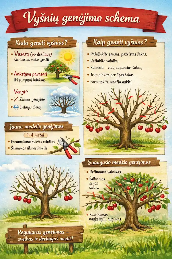 Vyšnių genėjimo schema: kaip ir kada genėti jaunus bei suaugusius medžius pavasarį ir vasarą sveikam vaismedžių derliui