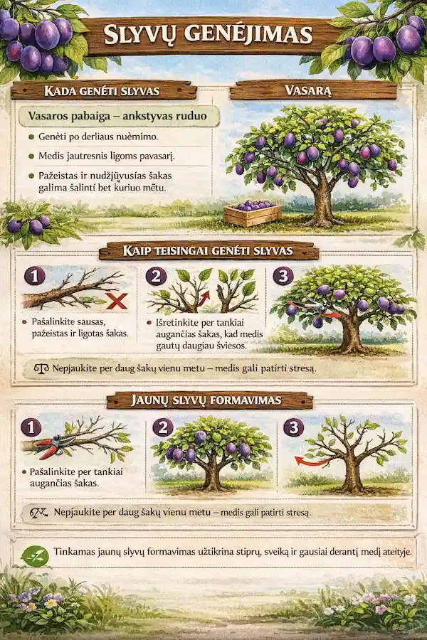 Slyvų genėjimo schema: kada genėti slyvas, kaip retinti šakas ir formuoti jaunus medžius geresniam derliui