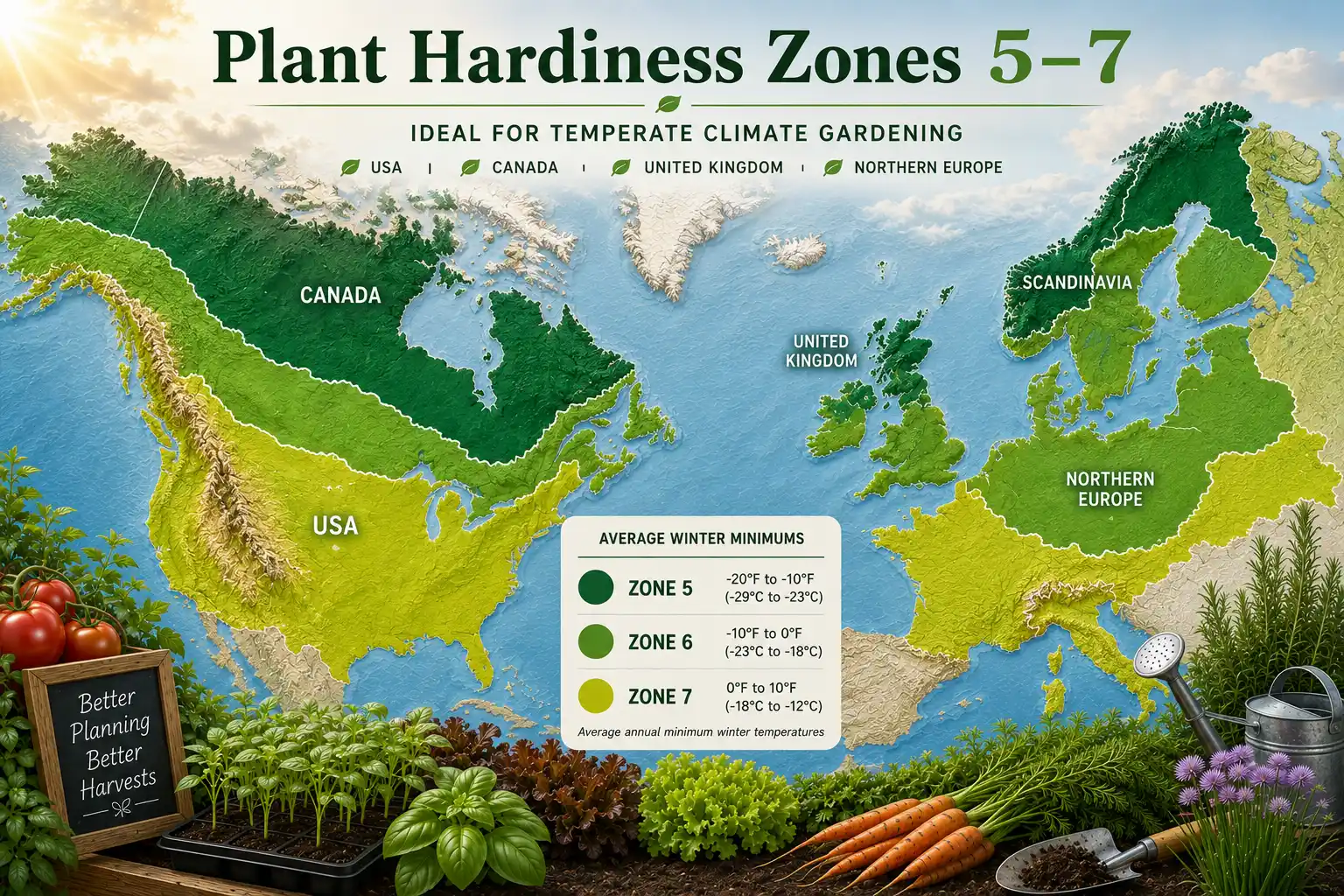 Plant hardiness zones 5–7 map for temperate climate gardening